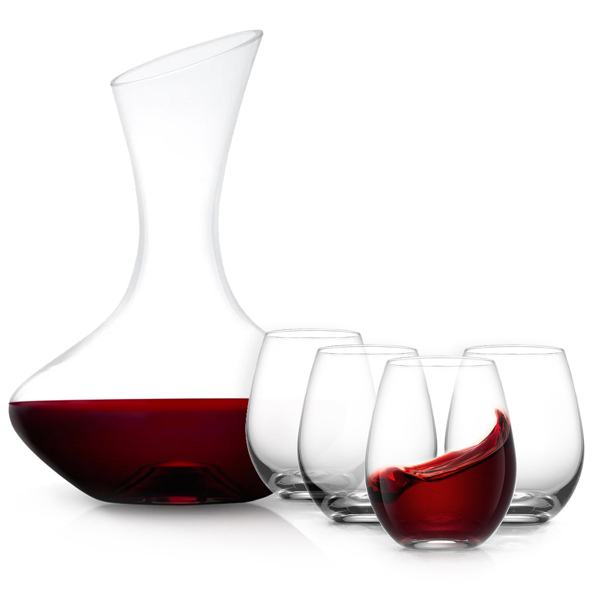JoyJolt Lancia Crystal Wine Decanter Set – 40 oz Decanter & 4 Stemless Glasses